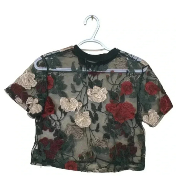 Zaful  Sheer Cropped Shirt with Embroidered Roses and Greenery 100% cotton - Picture 3 of 6